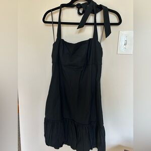 NWT ZARA Linen Puff Hem Mini Dress With Black Halter Neck Bubble Sz L
